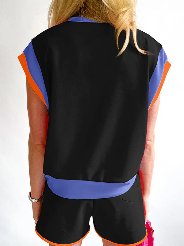 Contrast Color Short Sleeves Round-Neck T-Shirt + Elasticity Shorts Two Pieces Set - Image 11