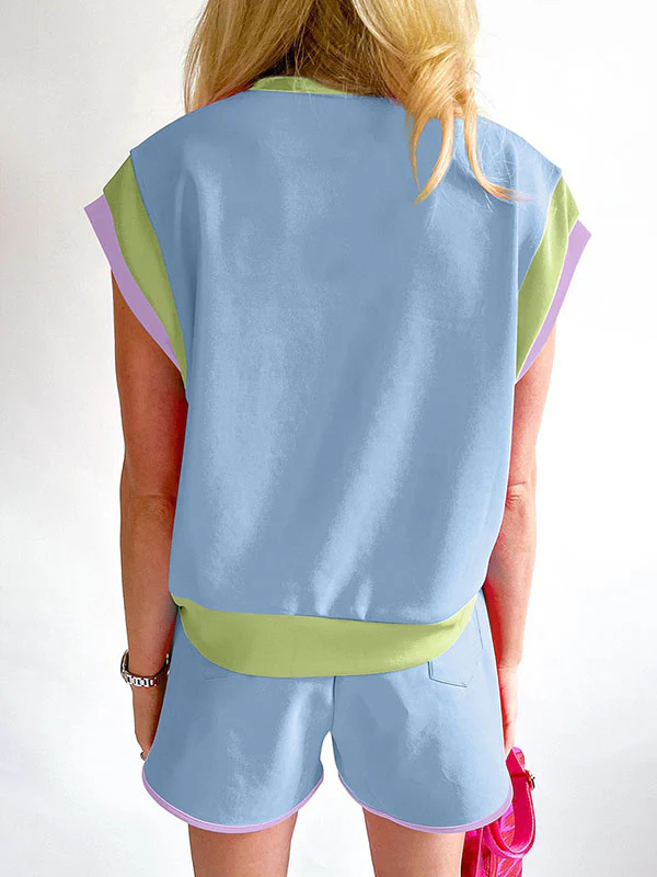 Contrast Color Short Sleeves Round-Neck T-Shirt + Elasticity Shorts Two Pieces Set - Image 12