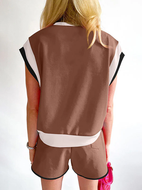 Contrast Color Short Sleeves Round-Neck T-Shirt + Elasticity Shorts Two Pieces Set - Image 13