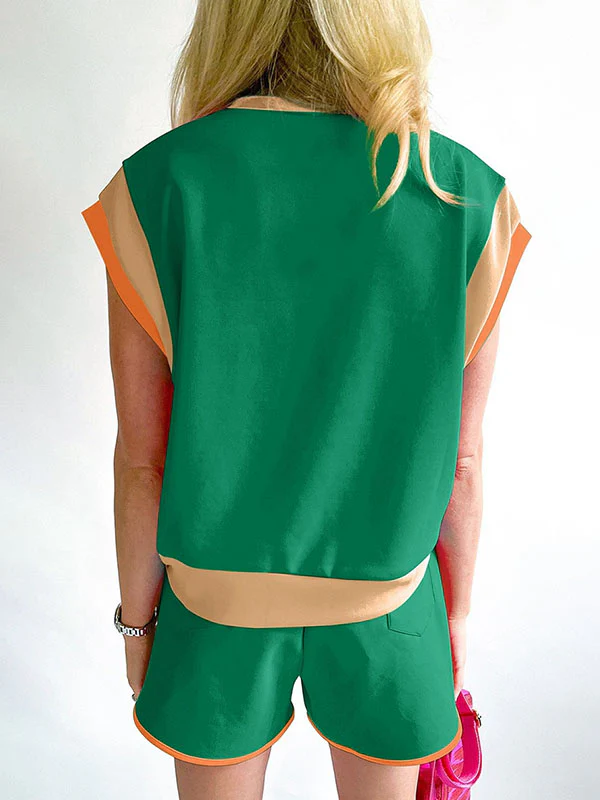 Contrast Color Short Sleeves Round-Neck T-Shirt + Elasticity Shorts Two Pieces Set - Image 14