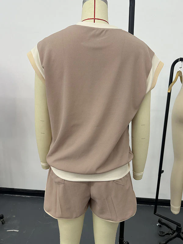 Contrast Color Short Sleeves Round-Neck T-Shirt + Elasticity Shorts Two Pieces Set - Image 16