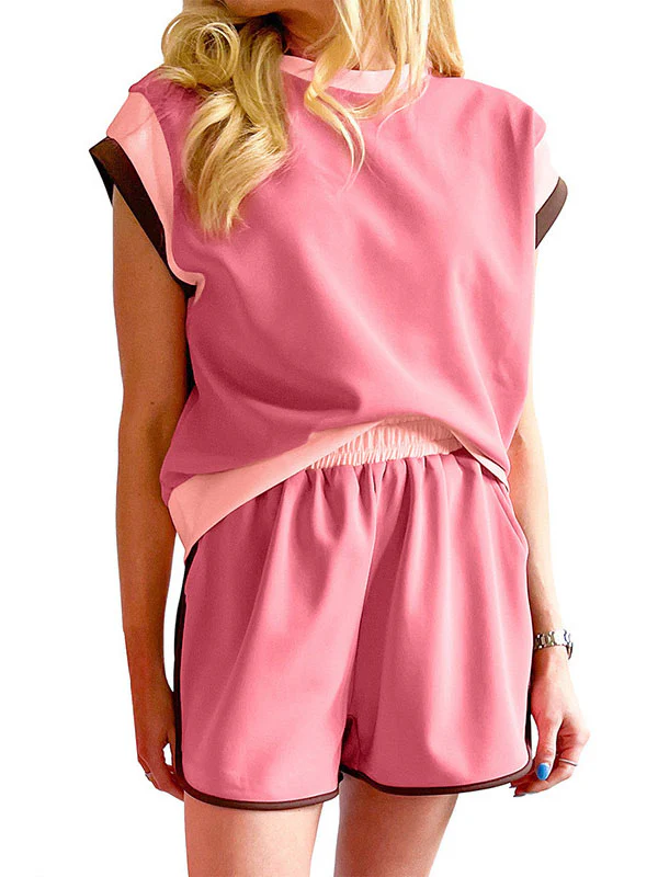 Contrast Color Short Sleeves Round-Neck T-Shirt + Elasticity Shorts Two Pieces Set - Image 3