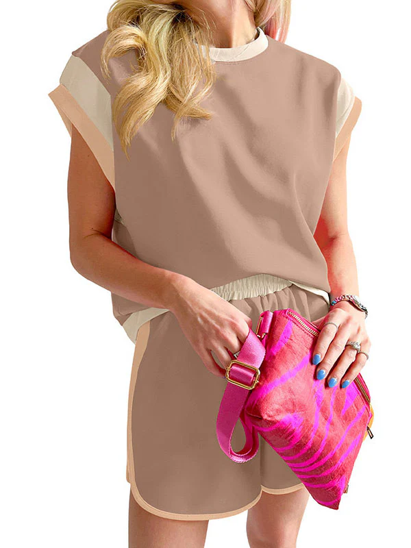 Contrast Color Short Sleeves Round-Neck T-Shirt + Elasticity Shorts Two Pieces Set - Image 4