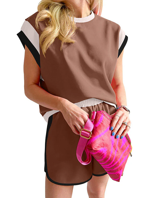 Contrast Color Short Sleeves Round-Neck T-Shirt + Elasticity Shorts Two Pieces Set - Image 6
