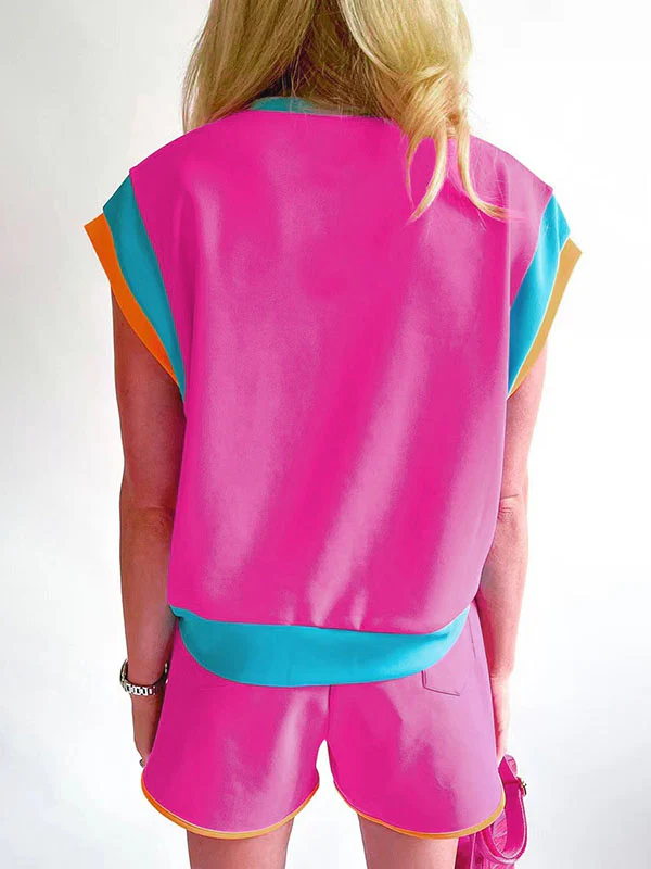 Contrast Color Short Sleeves Round-Neck T-Shirt + Elasticity Shorts Two Pieces Set - Image 8
