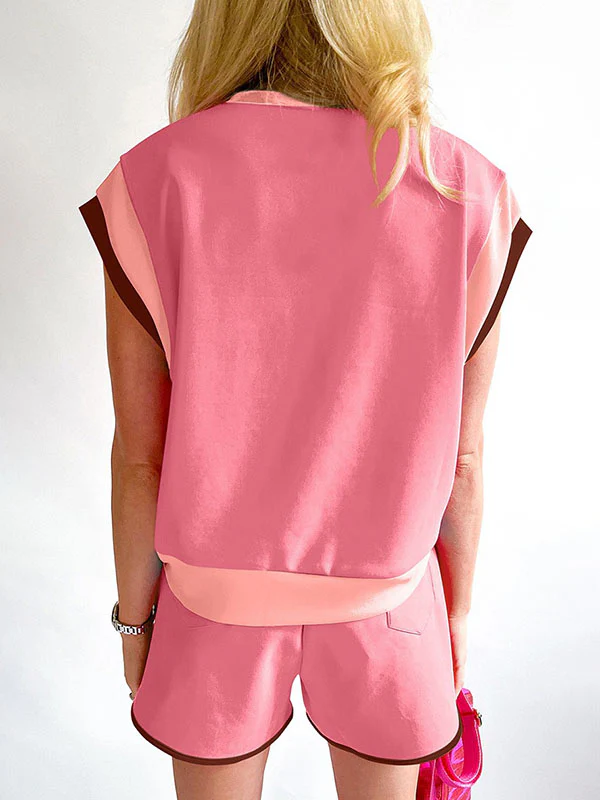 Contrast Color Short Sleeves Round-Neck T-Shirt + Elasticity Shorts Two Pieces Set - Image 9