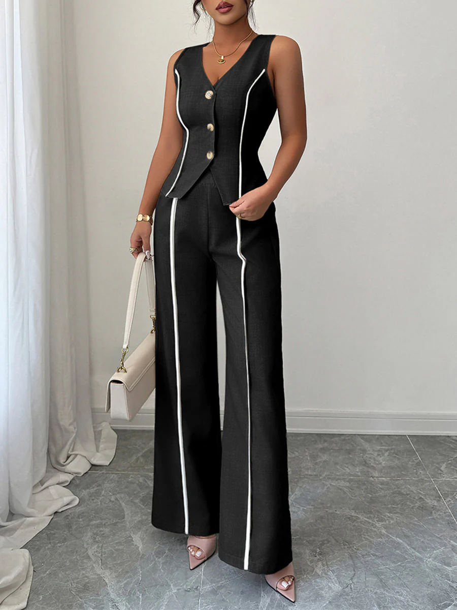 Contrast Color Sleeveless Buttoned V-Neck Blouses&Shirts Tops + High Waisted Pants Trousers Two Pieces Set - Image 2