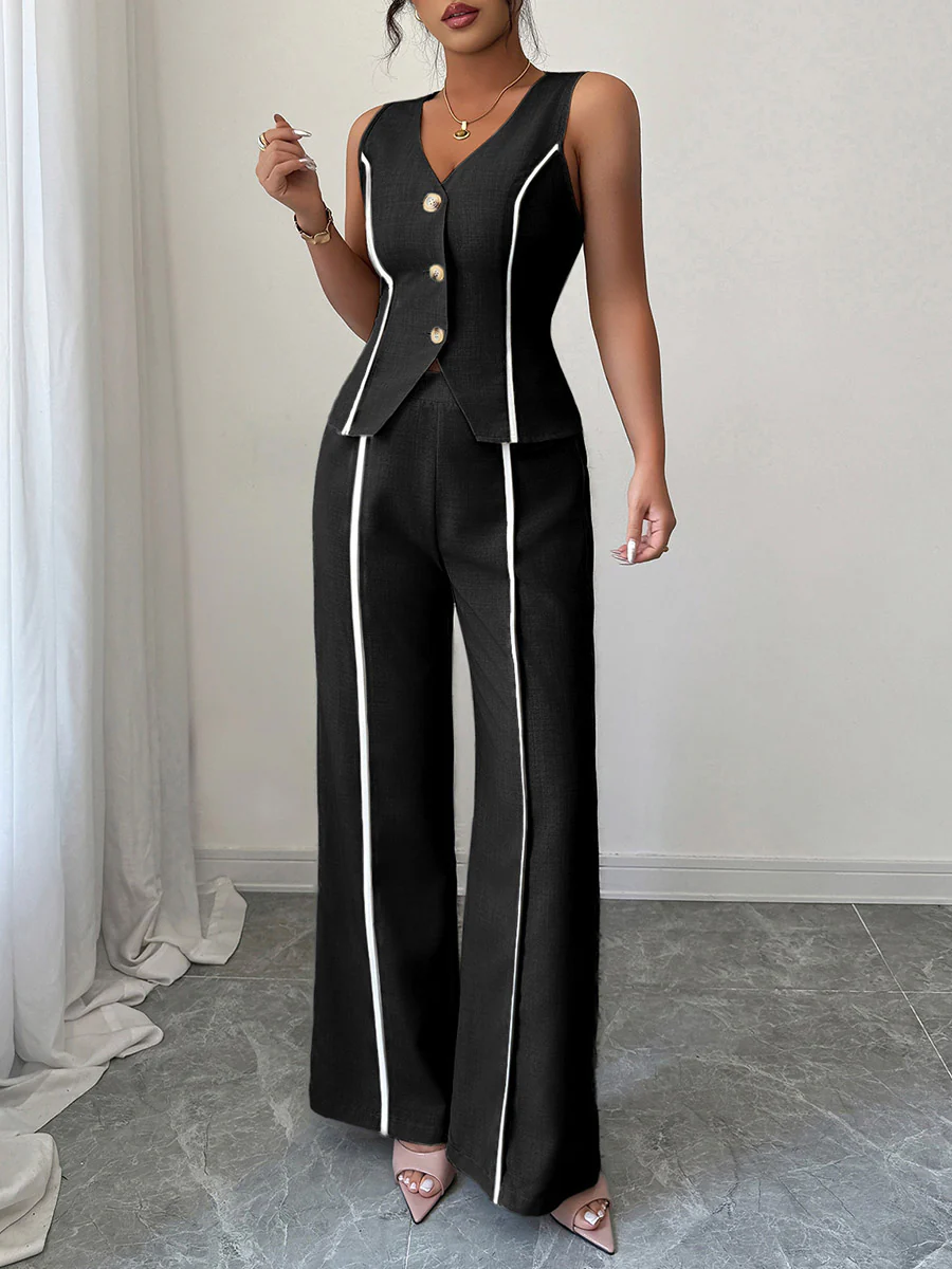 Contrast Color Sleeveless Buttoned V-Neck Blouses&Shirts Tops + High Waisted Pants Trousers Two Pieces Set - Image 3