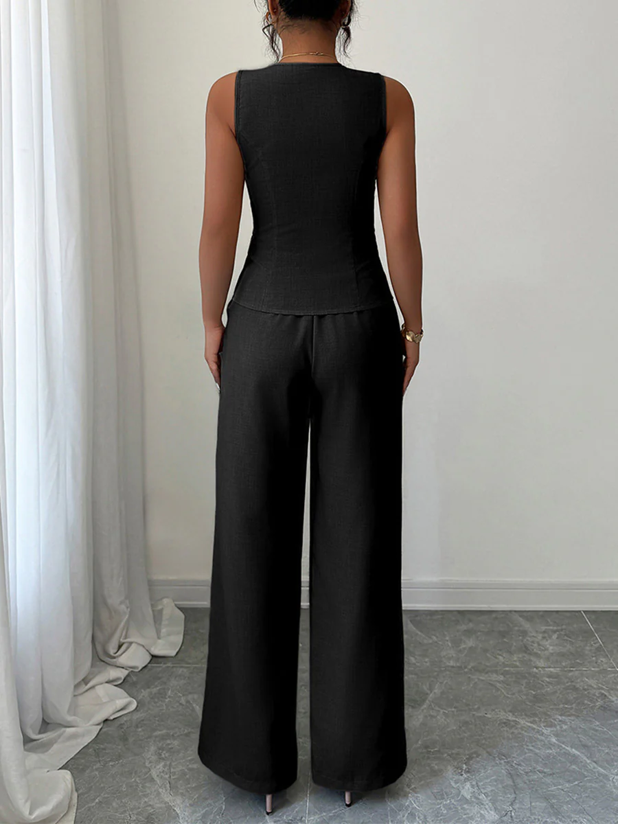 Contrast Color Sleeveless Buttoned V-Neck Blouses&Shirts Tops + High Waisted Pants Trousers Two Pieces Set - Image 4