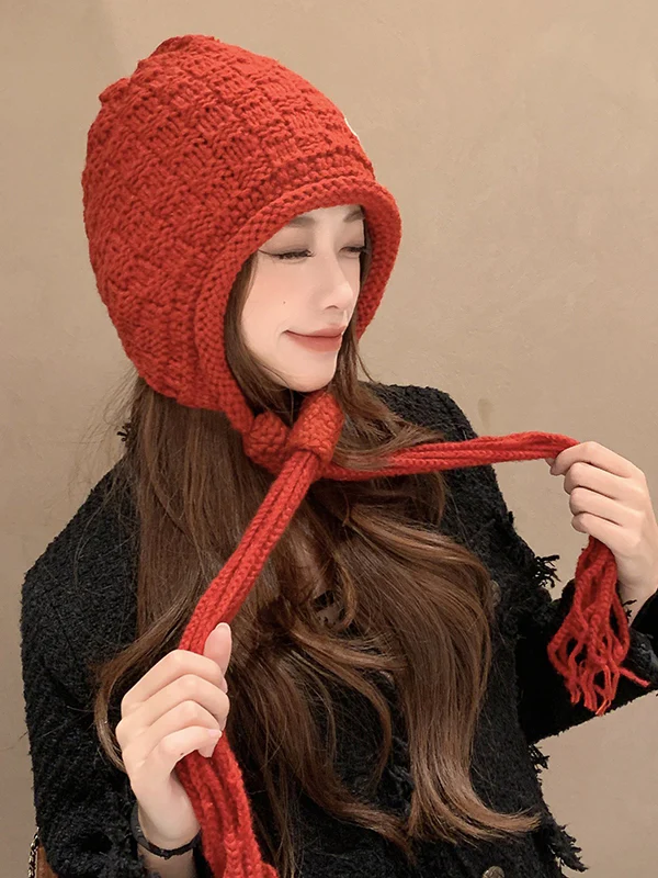 Contrast Color Solid Color Tasseled Knitted Hats - Image 10