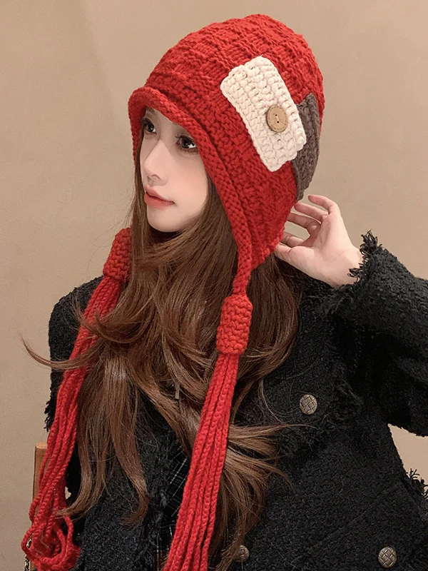 Contrast Color Solid Color Tasseled Knitted Hats - Image 11