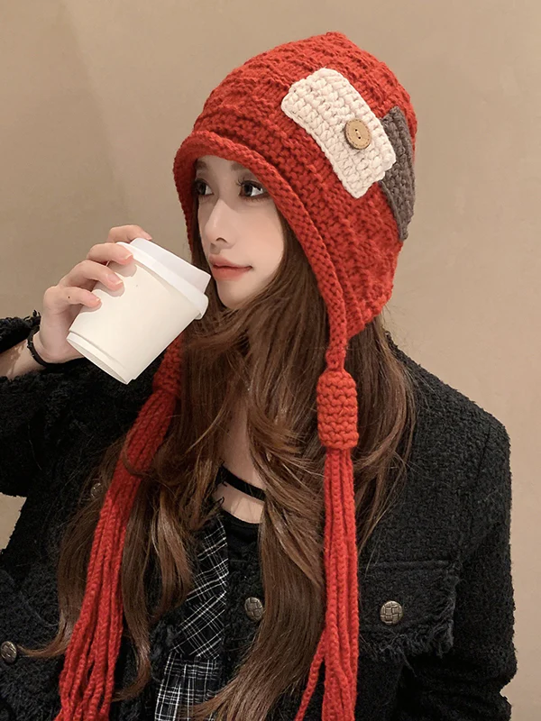 Contrast Color Solid Color Tasseled Knitted Hats - Image 2