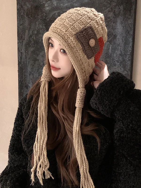 Contrast Color Solid Color Tasseled Knitted Hats - Image 3