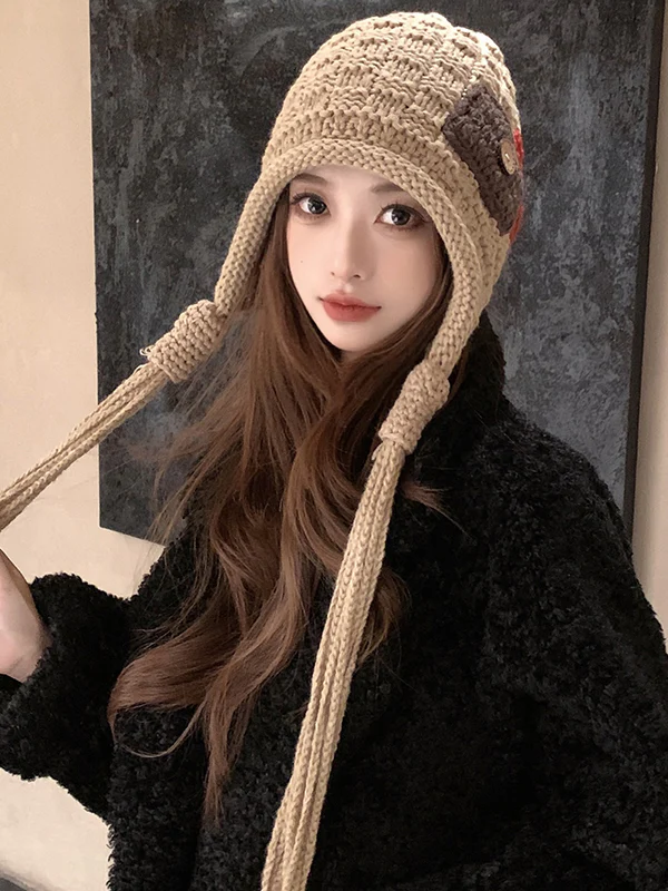 Contrast Color Solid Color Tasseled Knitted Hats - Image 5