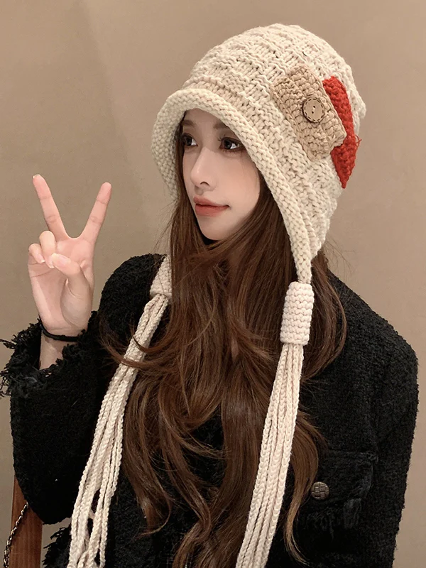 Contrast Color Solid Color Tasseled Knitted Hats - Image 6