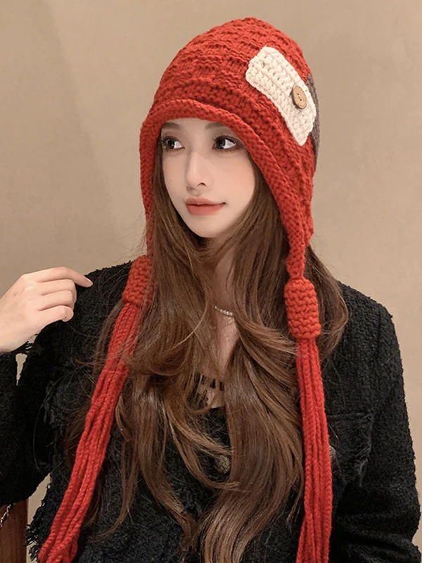 Contrast Color Solid Color Tasseled Knitted Hats - Image 9