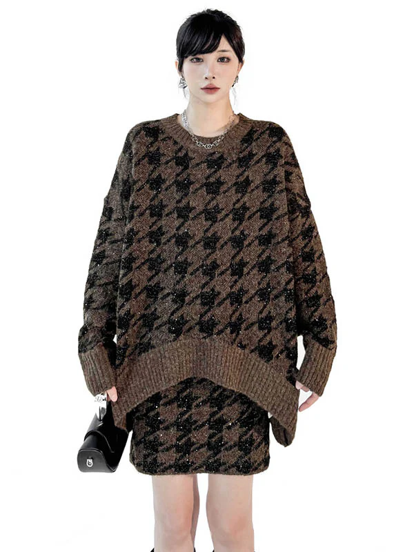 Contrast Color Split-Joint Ribs Shiny Swallow Gird/Houndstooth Round-Neck Sweater Tops + A-Line Elasticated Waist Skirts Bottoms  Two Pieces Set - Image 10