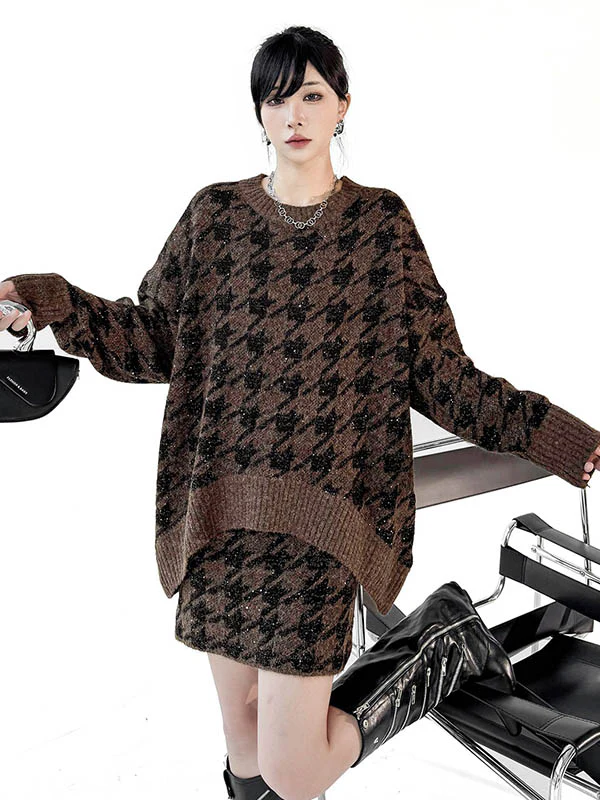 Contrast Color Split-Joint Ribs Shiny Swallow Gird/Houndstooth Round-Neck Sweater Tops + A-Line Elasticated Waist Skirts Bottoms  Two Pieces Set - Image 11