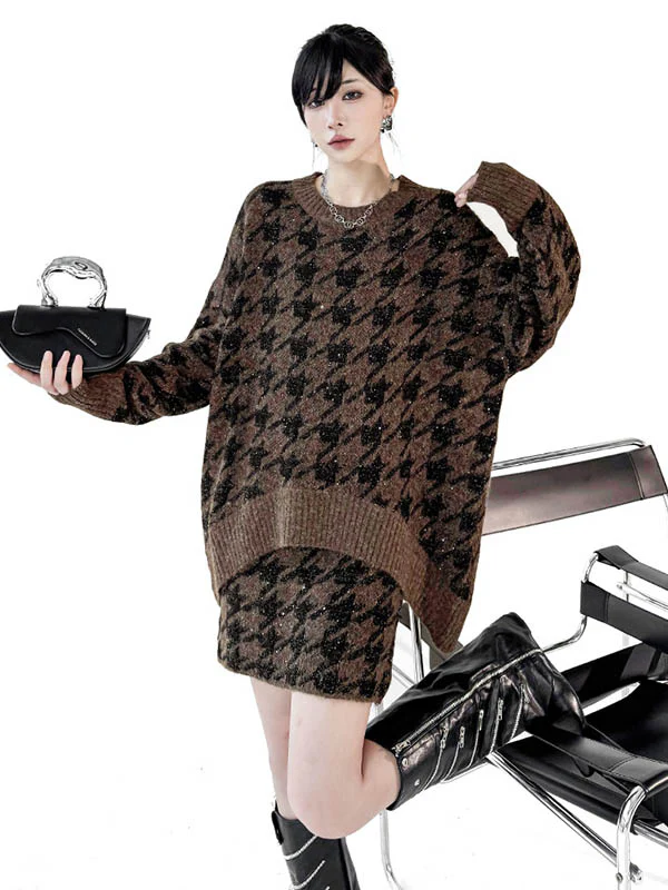 Contrast Color Split-Joint Ribs Shiny Swallow Gird/Houndstooth Round-Neck Sweater Tops + A-Line Elasticated Waist Skirts Bottoms  Two Pieces Set - Image 12