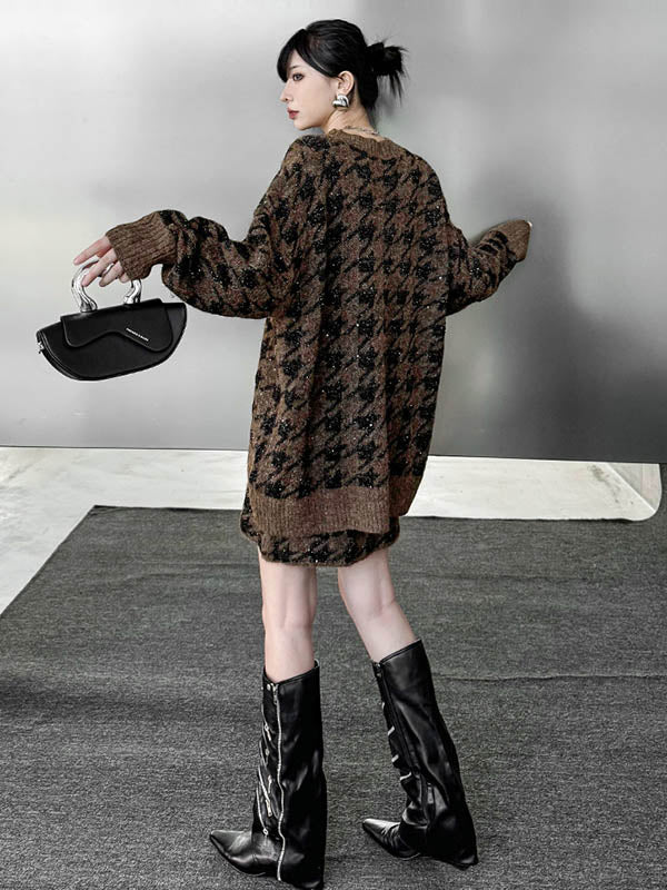 Contrast Color Split-Joint Ribs Shiny Swallow Gird/Houndstooth Round-Neck Sweater Tops + A-Line Elasticated Waist Skirts Bottoms  Two Pieces Set - Image 13