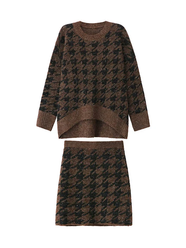 Contrast Color Split-Joint Ribs Shiny Swallow Gird/Houndstooth Round-Neck Sweater Tops + A-Line Elasticated Waist Skirts Bottoms  Two Pieces Set - Image 14