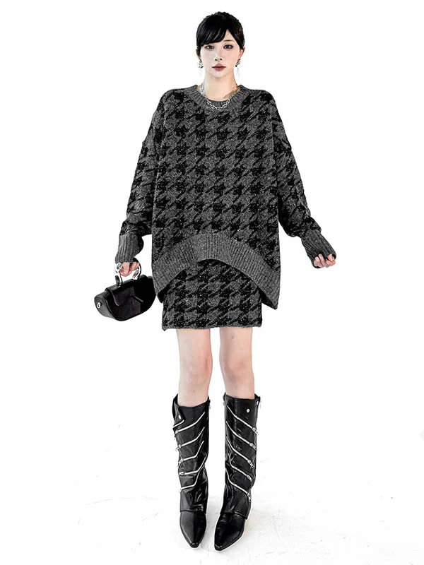 Contrast Color Split-Joint Ribs Shiny Swallow Gird/Houndstooth Round-Neck Sweater Tops + A-Line Elasticated Waist Skirts Bottoms  Two Pieces Set - Image 2