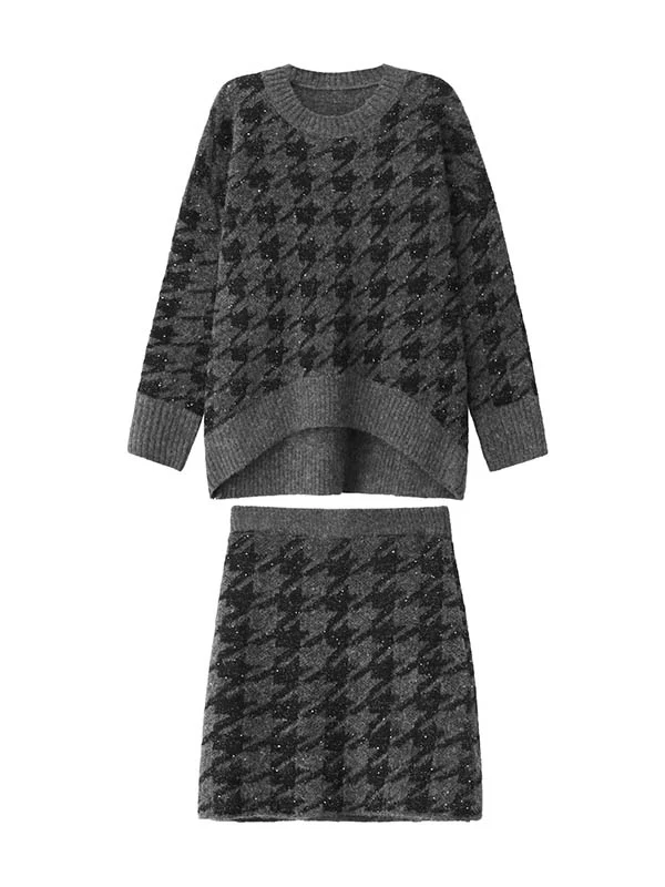 Contrast Color Split-Joint Ribs Shiny Swallow Gird/Houndstooth Round-Neck Sweater Tops + A-Line Elasticated Waist Skirts Bottoms  Two Pieces Set - Image 3
