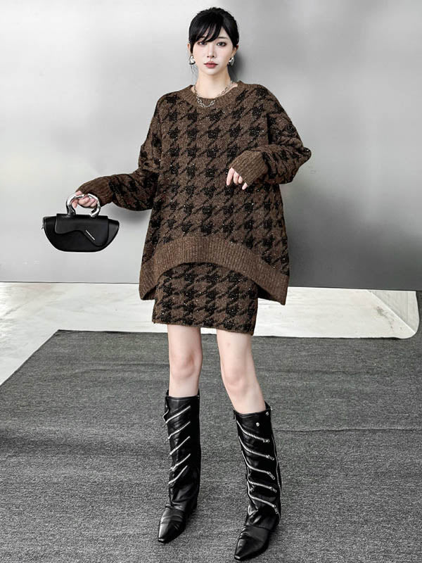 Contrast Color Split-Joint Ribs Shiny Swallow Gird/Houndstooth Round-Neck Sweater Tops + A-Line Elasticated Waist Skirts Bottoms  Two Pieces Set - Image 4