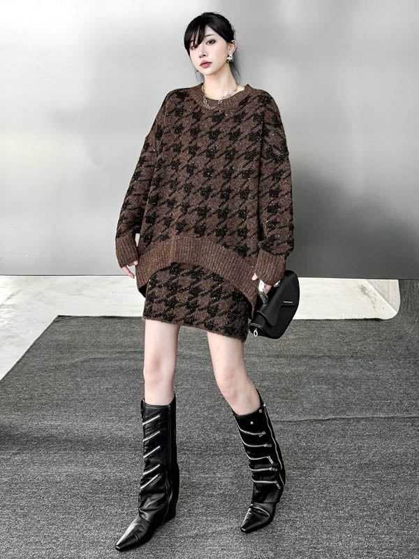 Contrast Color Split-Joint Ribs Shiny Swallow Gird/Houndstooth Round-Neck Sweater Tops + A-Line Elasticated Waist Skirts Bottoms  Two Pieces Set - Image 5