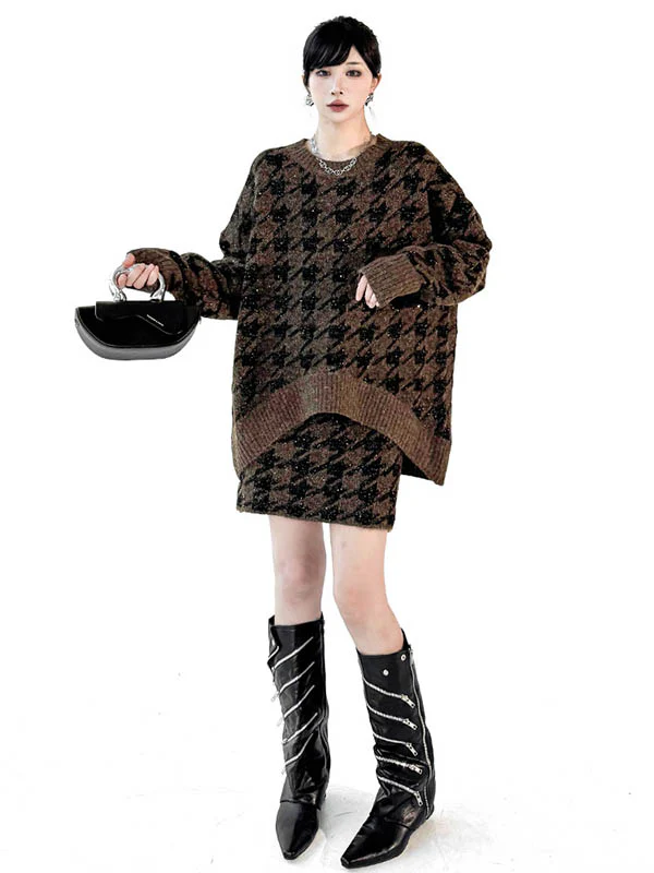 Contrast Color Split-Joint Ribs Shiny Swallow Gird/Houndstooth Round-Neck Sweater Tops + A-Line Elasticated Waist Skirts Bottoms  Two Pieces Set - Image 6