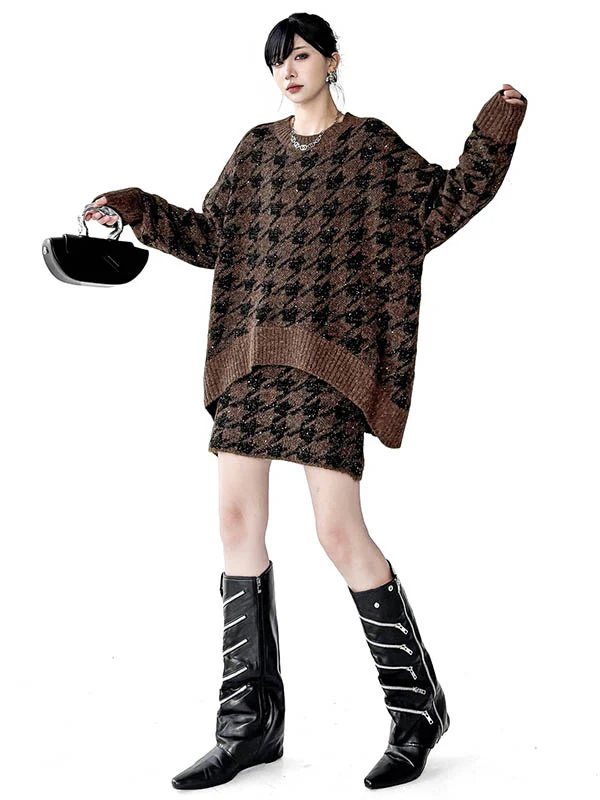 Contrast Color Split-Joint Ribs Shiny Swallow Gird/Houndstooth Round-Neck Sweater Tops + A-Line Elasticated Waist Skirts Bottoms  Two Pieces Set - Image 7