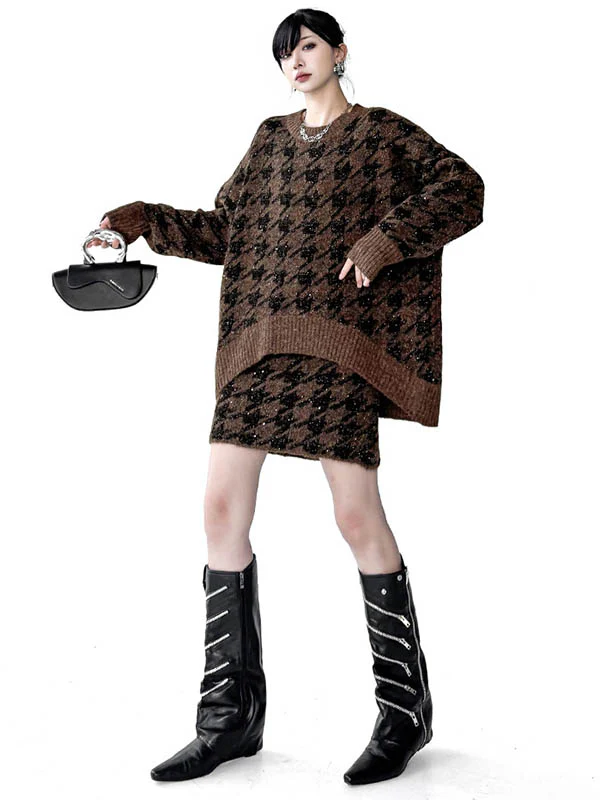 Contrast Color Split-Joint Ribs Shiny Swallow Gird/Houndstooth Round-Neck Sweater Tops + A-Line Elasticated Waist Skirts Bottoms  Two Pieces Set - Image 8