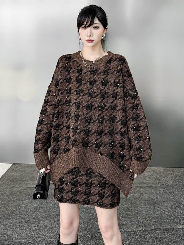 Contrast Color Split-Joint Ribs Shiny Swallow Gird/Houndstooth Round-Neck Sweater Tops + A-Line Elasticated Waist Skirts Bottoms  Two Pieces Set - Image 9