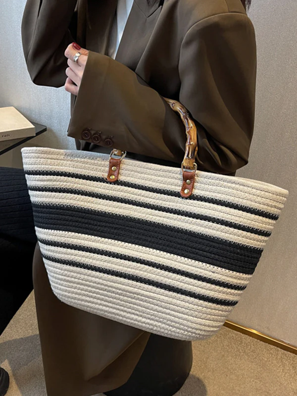 Contrast Color Split-Joint Striped Handbags - Image 2