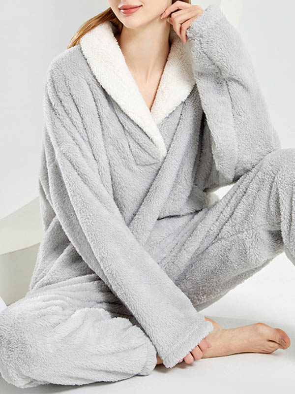Coral Fleece Split-Joint V-Neck + Pants Pajama Two Pieces Set - Image 10