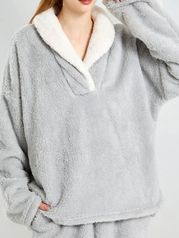 Coral Fleece Split-Joint V-Neck + Pants Pajama Two Pieces Set - Image 11