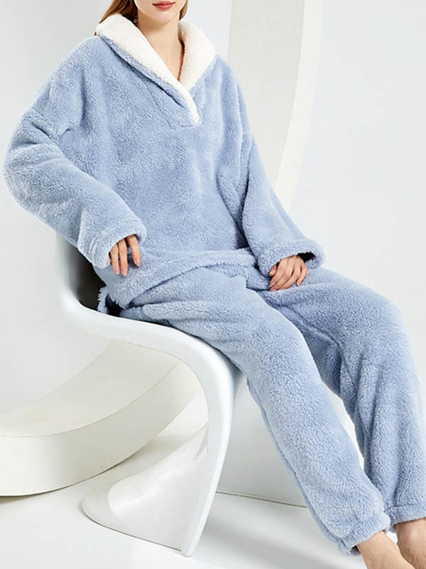 Coral Fleece Split-Joint V-Neck + Pants Pajama Two Pieces Set - Image 4