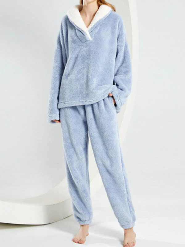 Coral Fleece Split-Joint V-Neck + Pants Pajama Two Pieces Set - Image 5