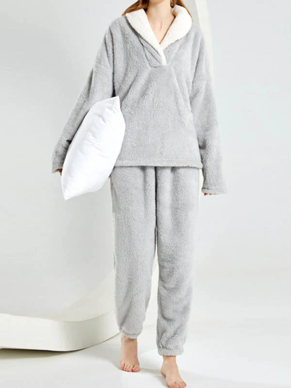 Coral Fleece Split-Joint V-Neck + Pants Pajama Two Pieces Set - Image 6