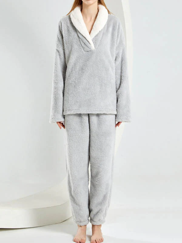Coral Fleece Split-Joint V-Neck + Pants Pajama Two Pieces Set - Image 7