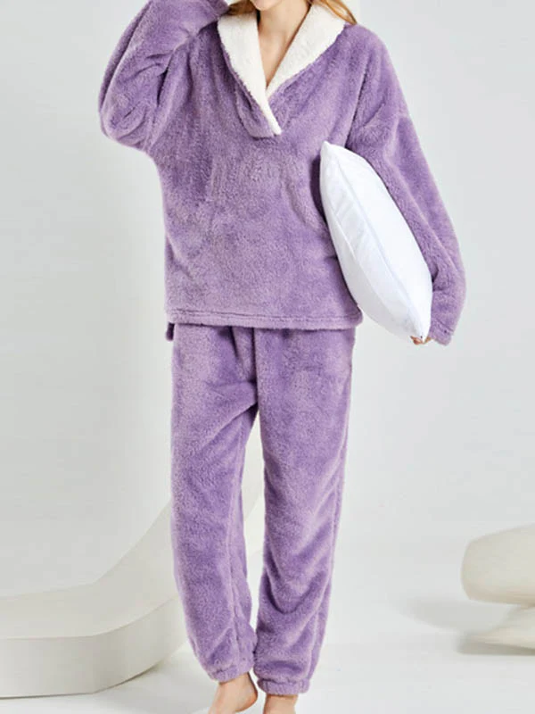 Coral Fleece Split-Joint V-Neck + Pants Pajama Two Pieces Set - Image 8