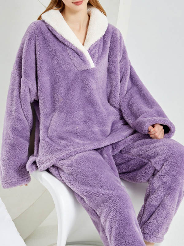 Coral Fleece Split-Joint V-Neck + Pants Pajama Two Pieces Set - Image 9