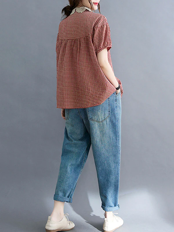 Cotton Blend Plaid Polo Puff Sleeve T-Shirts Tops - Image 10