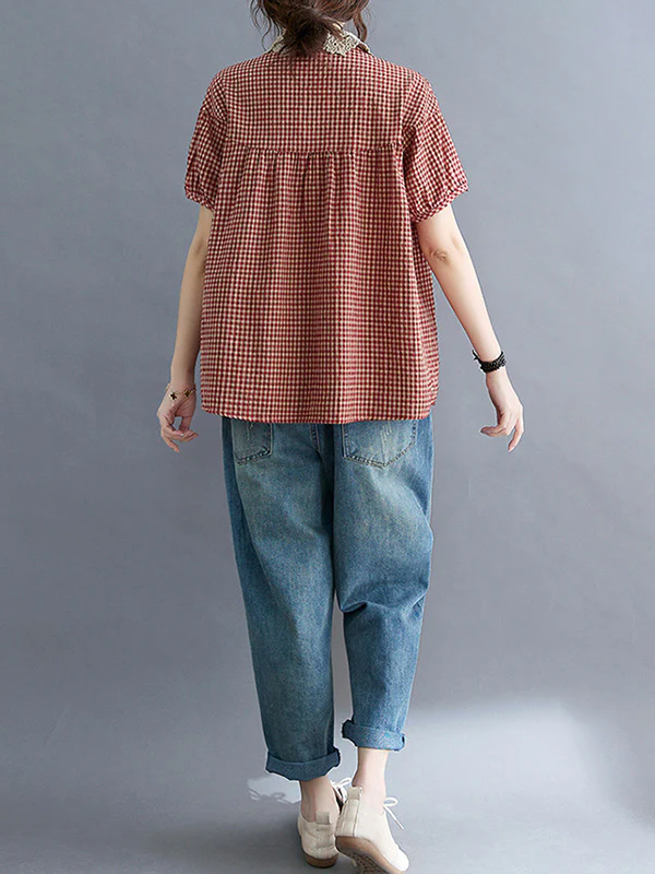 Cotton Blend Plaid Polo Puff Sleeve T-Shirts Tops - Image 11