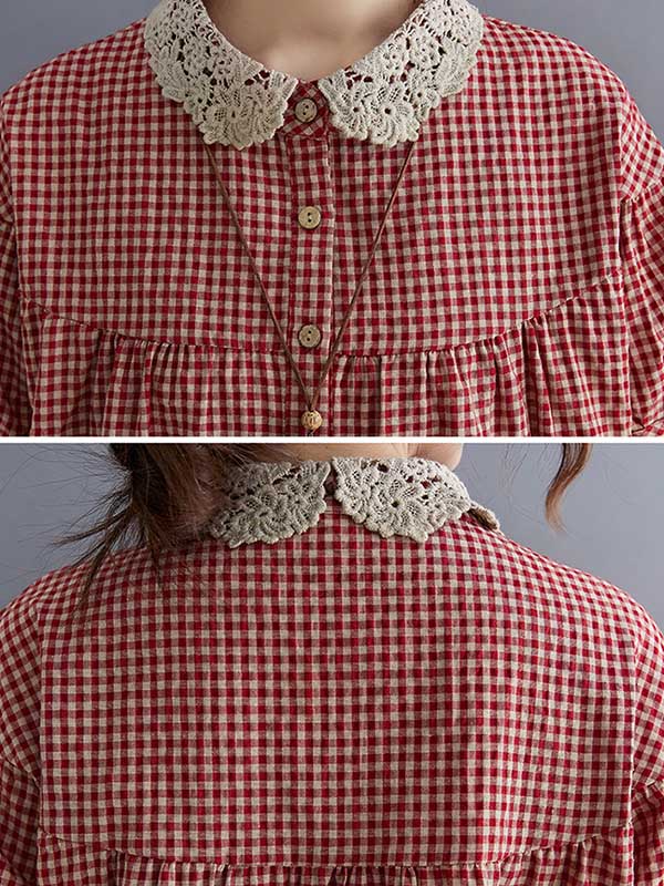 Cotton Blend Plaid Polo Puff Sleeve T-Shirts Tops - Image 12