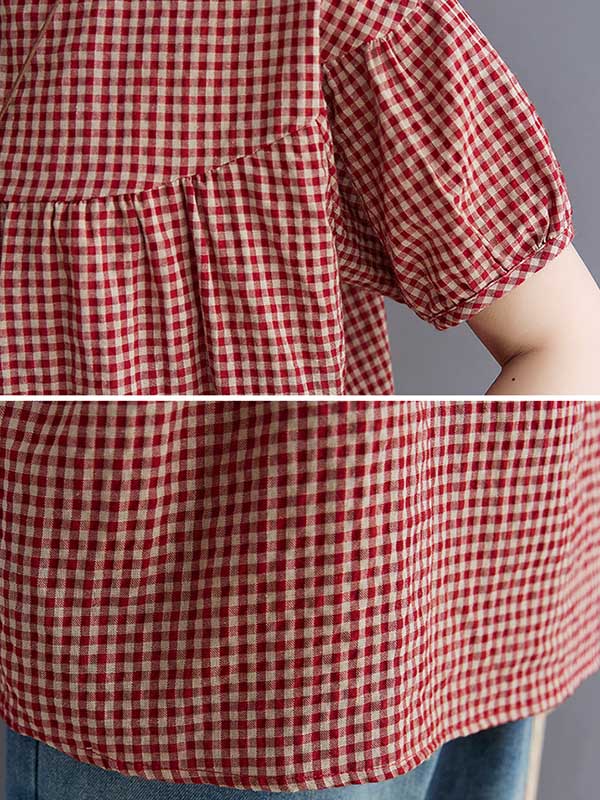 Cotton Blend Plaid Polo Puff Sleeve T-Shirts Tops - Image 13