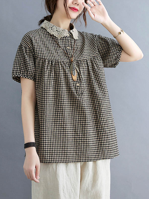 Cotton Blend Plaid Polo Puff Sleeve T-Shirts Tops - Image 2