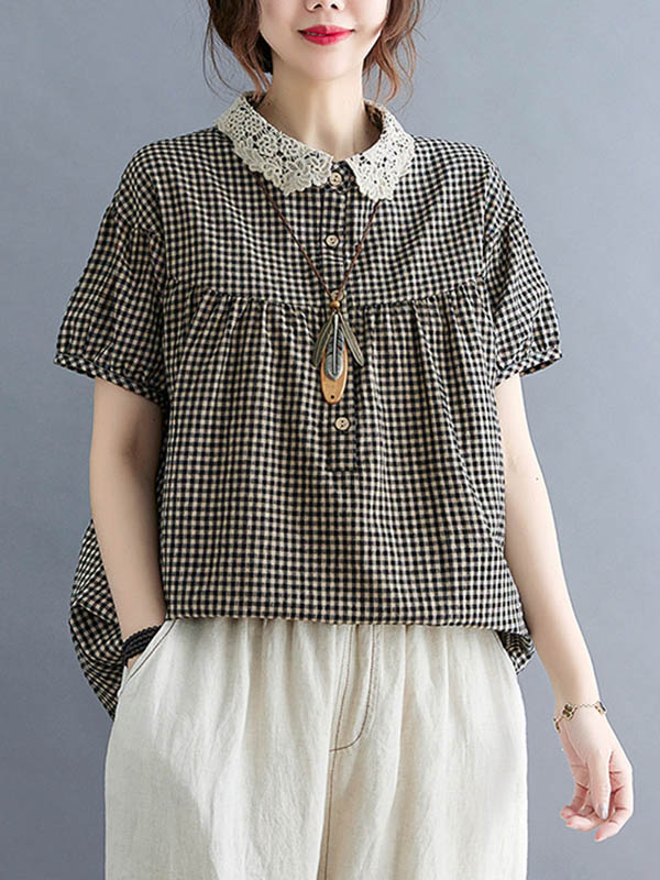 Cotton Blend Plaid Polo Puff Sleeve T-Shirts Tops - Image 3