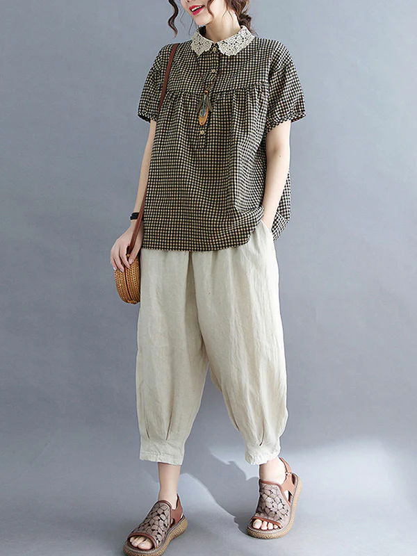 Cotton Blend Plaid Polo Puff Sleeve T-Shirts Tops - Image 4
