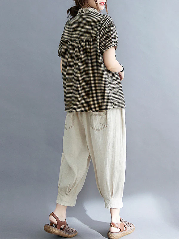 Cotton Blend Plaid Polo Puff Sleeve T-Shirts Tops - Image 5